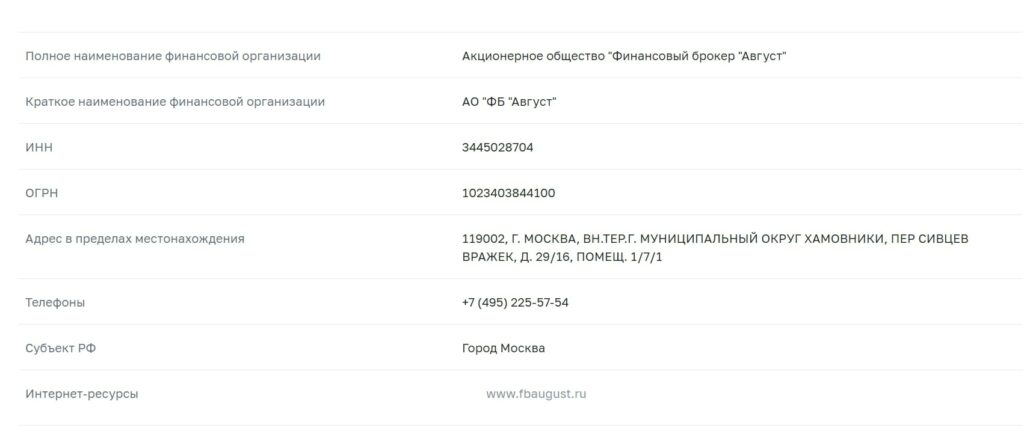 Финансовый брокер Август данные компании