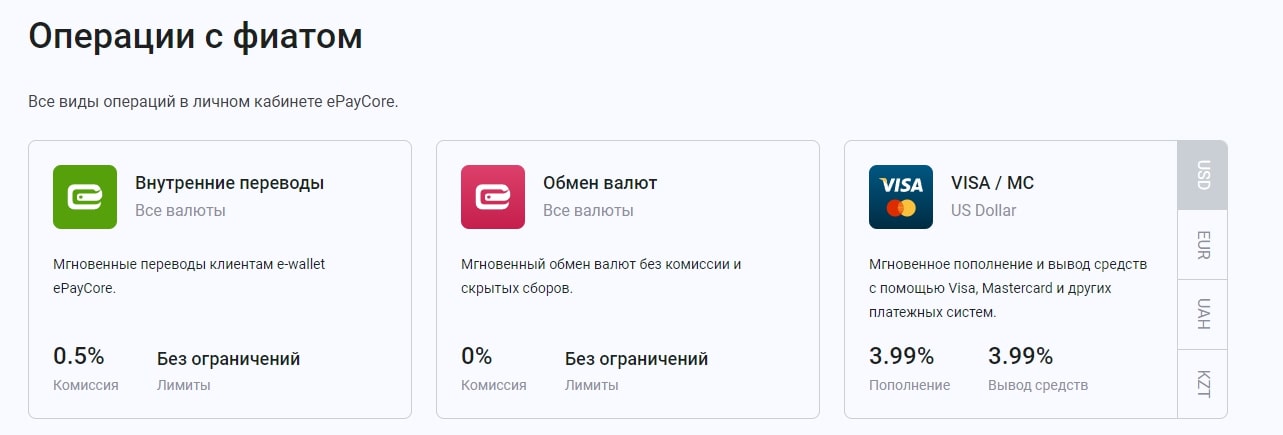 EpayCore сайт инфа операции с фиатом