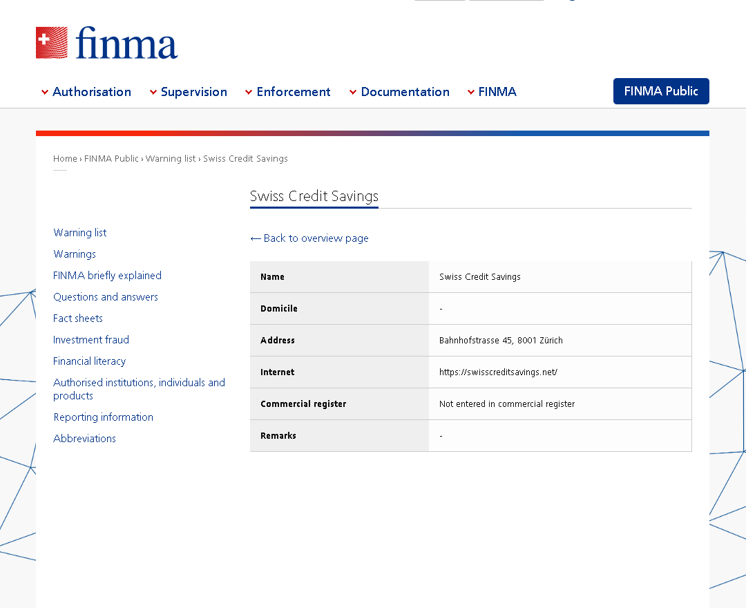 Swiss Credit Savings FINMA