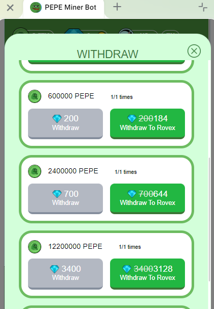 pepe miner bot как вывести монеты